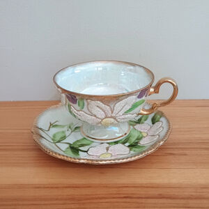 Vintage Victoria Ceramics Japan Lustreware Beaded Flowers Footed Teacup & Saucer